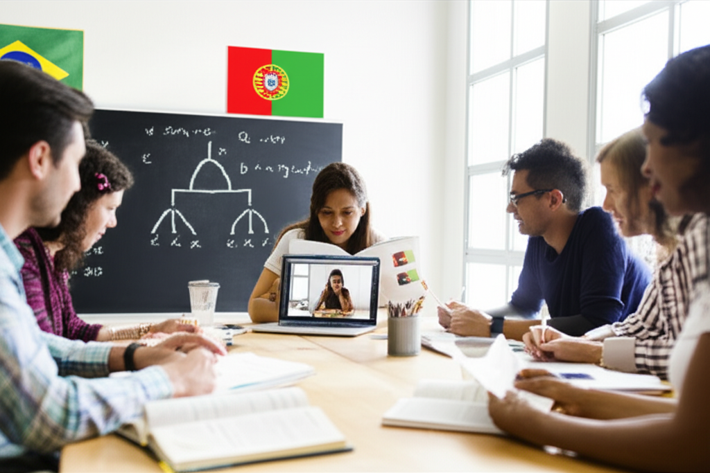 <h1>Academia de Português: O método funciona fora do Brasil?</h1> 1 https://ondeaprender.com.br/academia-de-portugues-metodo-funciona-fora-do-brasil/ Alunos adultos estudando gramática avançada do português em um ambiente moderno, com livros, laptop e bandeiras do Brasil e de Portugal.