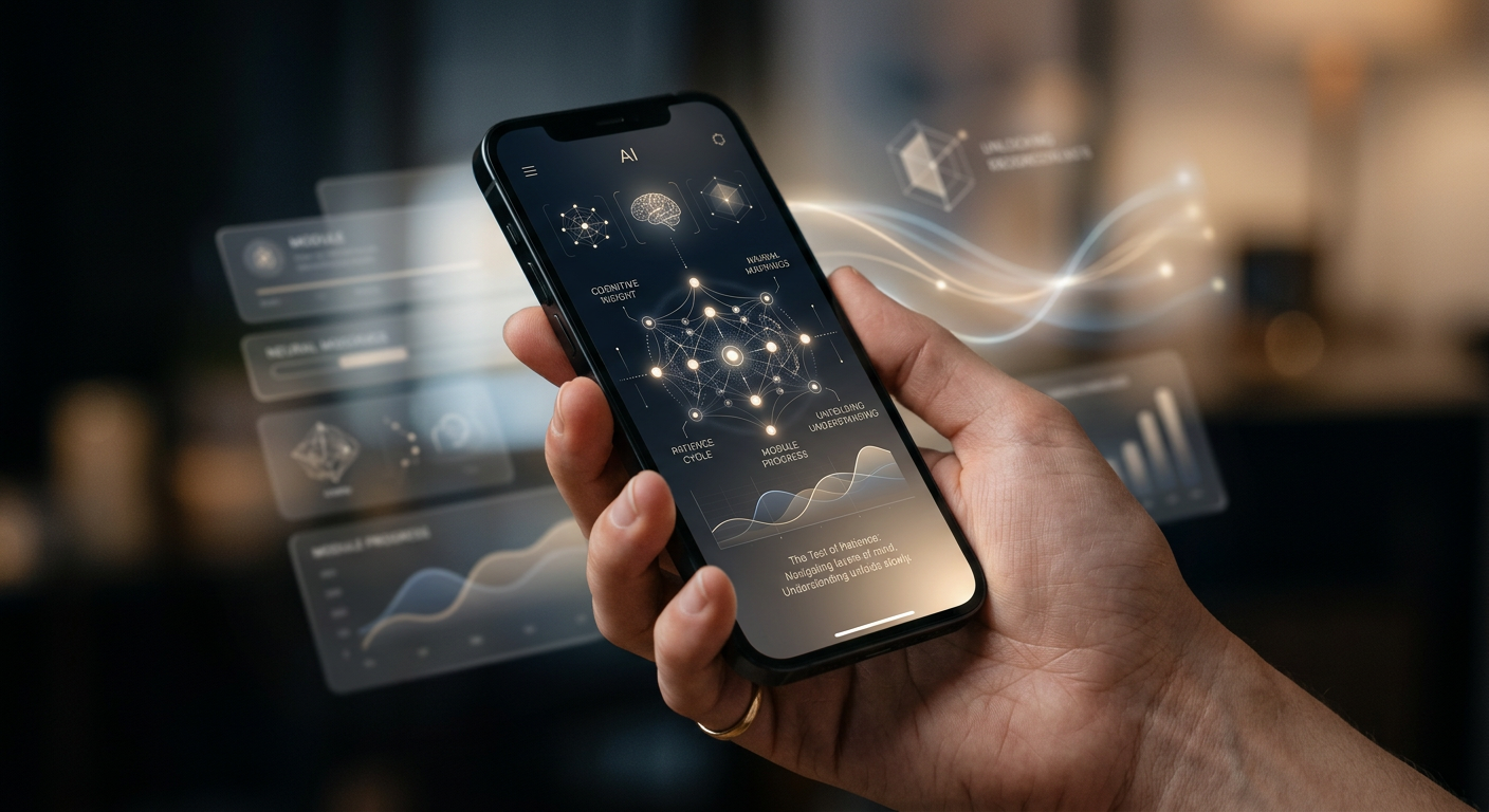 AndreIA - Terapeuta de Bolso: O teste de paciência (Módulos liberados aos poucos) 1 https://ondeaprender.com.br/andreia-terapeuta-bolso-teste-paciencia-modulos/ Mão segurando smartphone com interface de IA exibindo padrões neurais e texto 'AndreIA - Terapeuta de Bolso', simbolizando autoconhecimento e suporte digital com módulos liberados gradualmente.