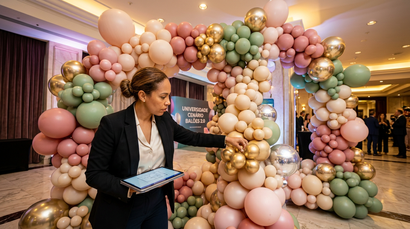 <h1>Universidade Cenário Balões 2.0: Onde o produtor erra na entrega?</h1> 1 https://ondeaprender.com.br/universidade-cenario-baloes-2-0-erros-na-entrega-produtor/ Grande escultura orgânica de balões coloridos em tons pastel e metálicos em um evento de luxo, com um decorador profissional revisando o acabamento, simbolizando a excelência do curso Universidade Cenário Balões 2.0.