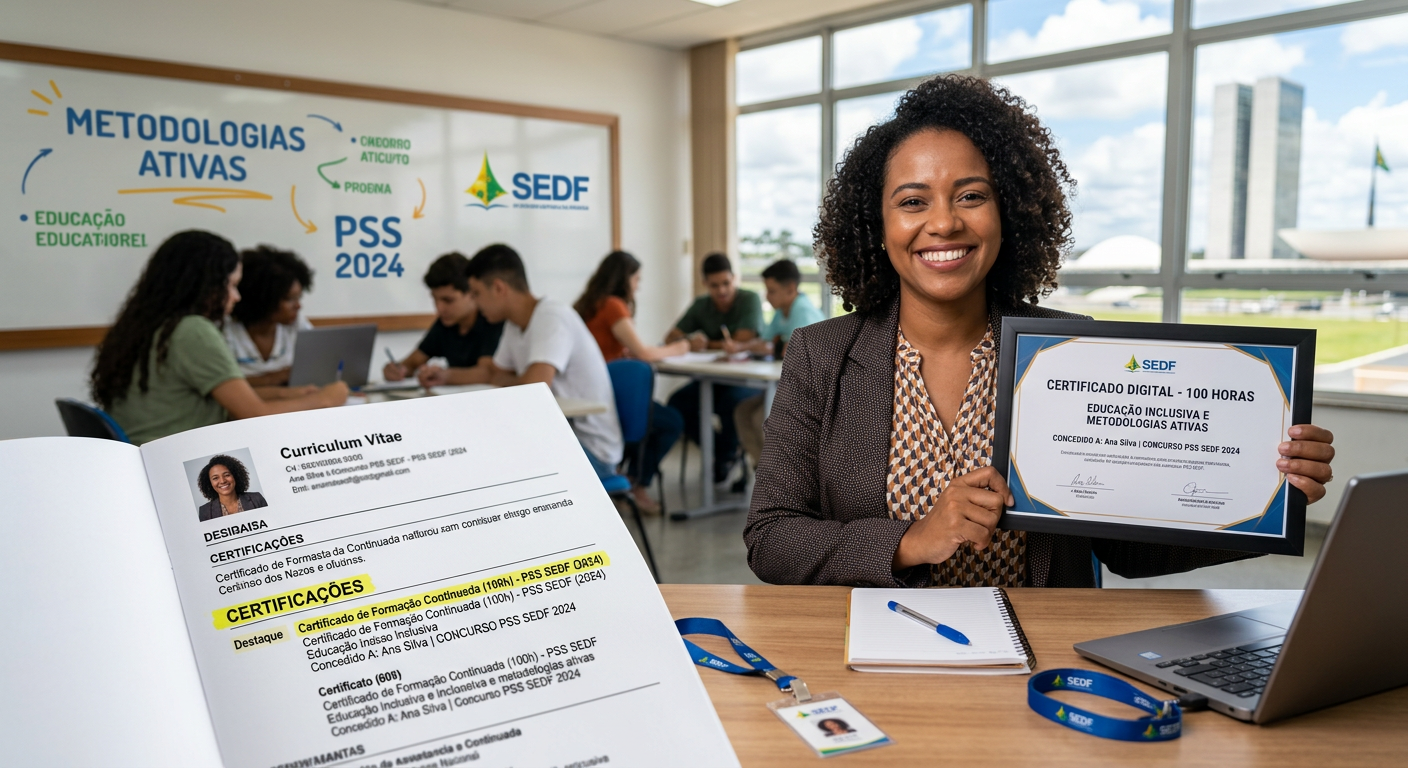 Garantindo as melhores carências - PSS SEDF: Como o certificado aparece no currículo? 1 https://ondeaprender.com.br/certificado-pss-sedf-carencias-curriculo/ Educador(a) sorridente segurando um certificado digital de 100 horas, com um currículo vitae aberto ao lado, destacando a seção de 'Certificações' para o PSS SEDF.