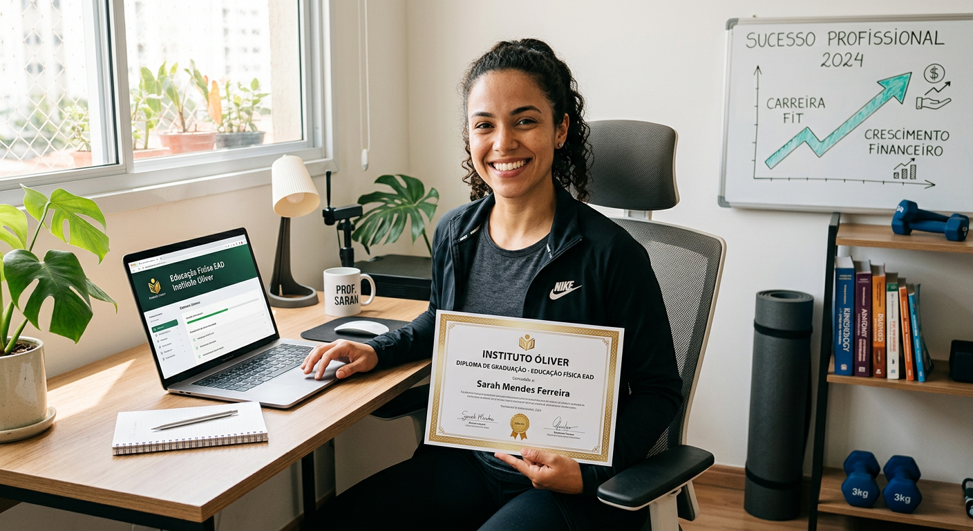 Educação Física EAD Óliver: Como usar o certificado para subir o salário? 1 https://ondeaprender.com.br/educacao-fisica-ead-oliver-certificado-aumento-salario/ Profissional de Educação Física EAD com laptop e certificado do Instituto Óliver, simbolizando crescimento de carreira e salário.
