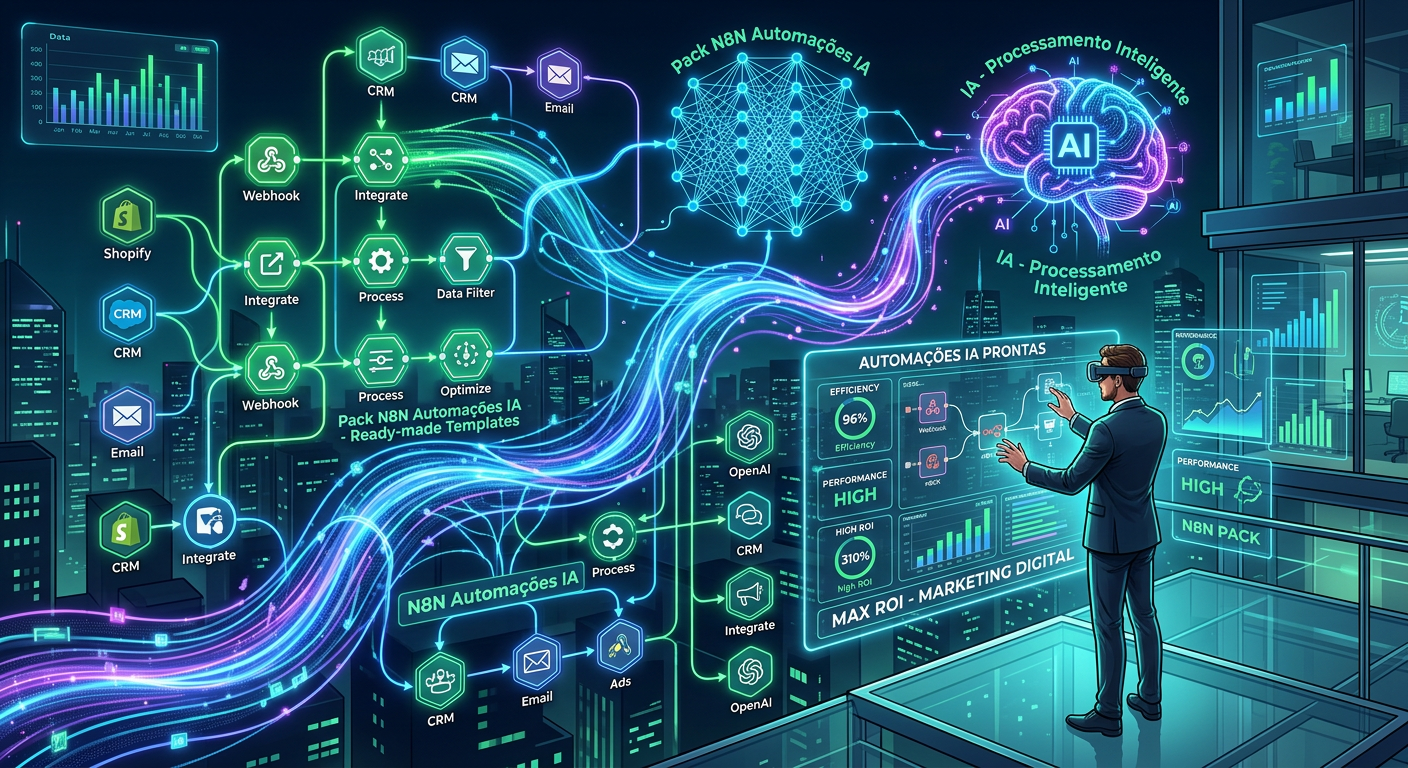 Pack N8N Automações IA: A qualidade do áudio e vídeo justifica o preço? 1 https://ondeaprender.com.br/pack-n8n-automacoes-ia-qualidade-vale-a-pena/ Ilustração de workflows n8n com nós luminosos, fluxos de dados e elementos de inteligência artificial, observados por um profissional de automação.