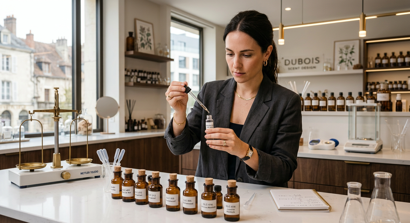 Curso de Perfumaria Fina Avançado I: Sua Agência de Scent Design, Sem Espera. 1 https://ondeaprender.com.br/curso-perfumaria-fina-avancado-agencia-scent-design/ Perfumista avançada Isadora Maria Spinhardi Padula criando fragrância exclusiva com olfatório em laboratório de scent design.