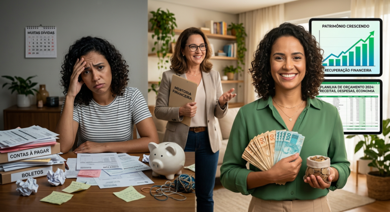Mulher orientando pessoa endividada para organização financeira e prosperidade com curso Viva Sempre com Dinheiro.