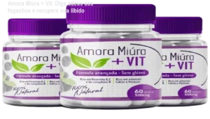 Frasco de Amora Miúra + Vit ao lado de cápsulas, mostrando alívio de fogachos e aumento da libido