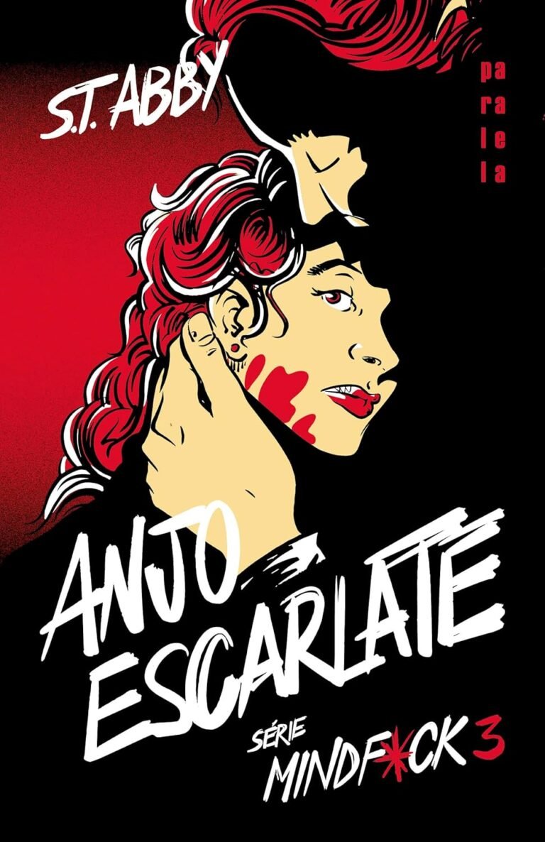 Illustrated book cover for Anjo Escarlate featuring a crimson angel, moody urban background, and dramatic lighting.