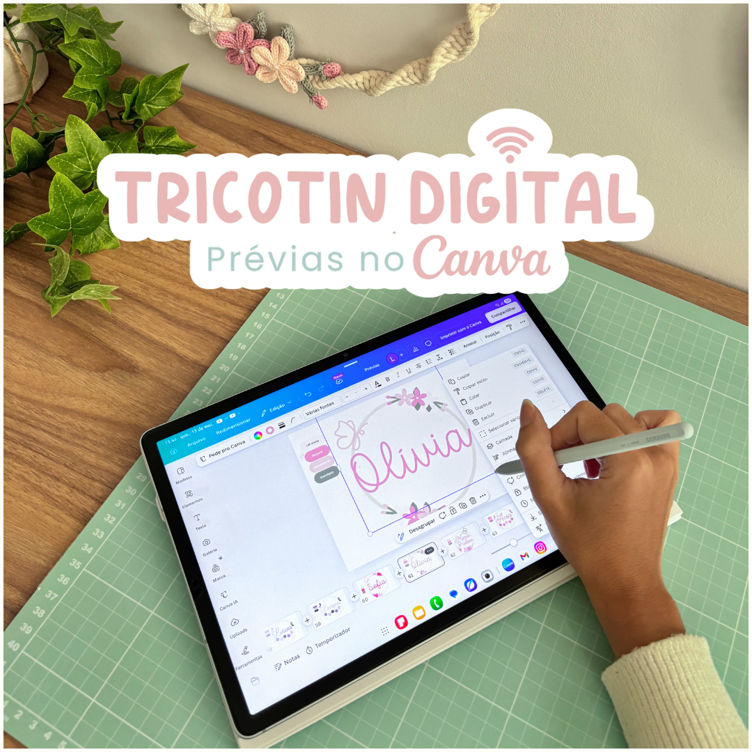 Artesã criando prévia digital profissional de Tricotin no Canva no computador