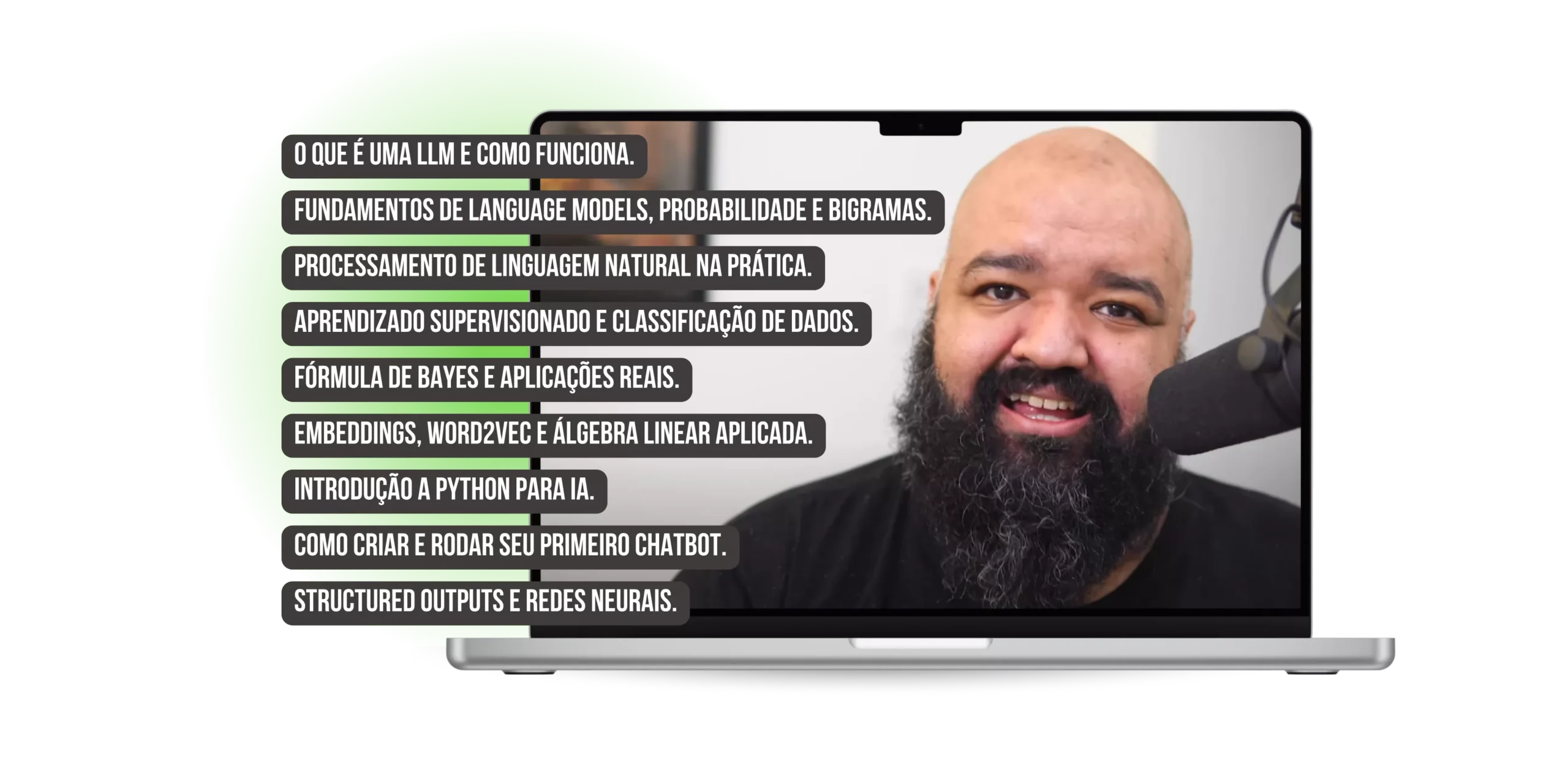 Caio Gomes apresentando um holograma de modelo LLM em laboratório futurista