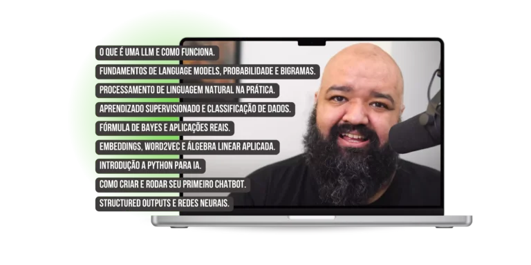 Caio Gomes, autor do curso O Senhor das LLMs, explicando como transformar prompts em soluções reais em um ambiente digital futurista.