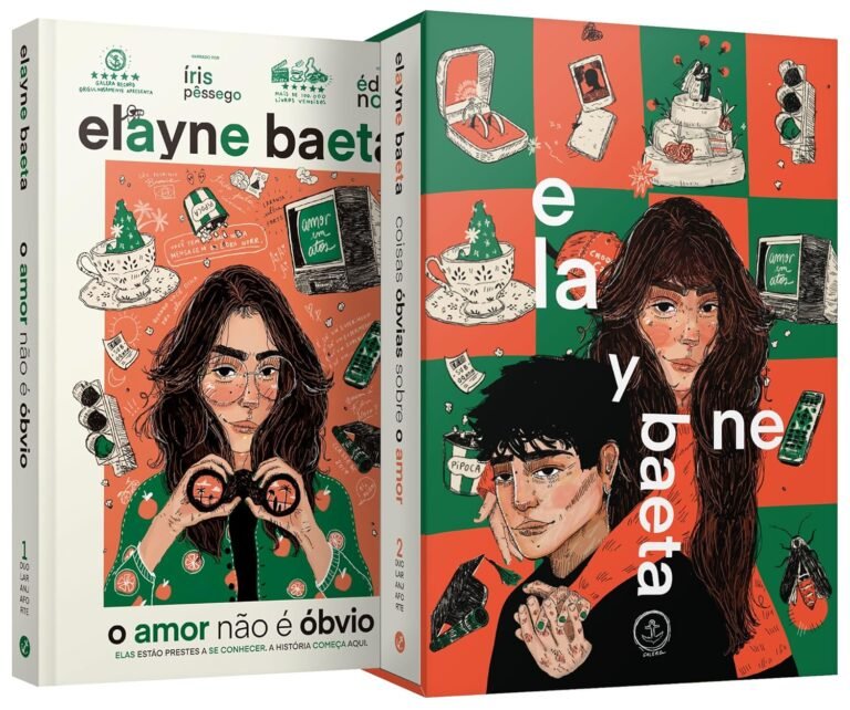 Imagem de uma caixa de livros ‘Box Duologia Laranja‑Forte’ contendo dois volumes, três marcadores de página e uma bolsa ecológica, com toques de laranja e arco‑íris, simbolizando amor entre duas garotas.