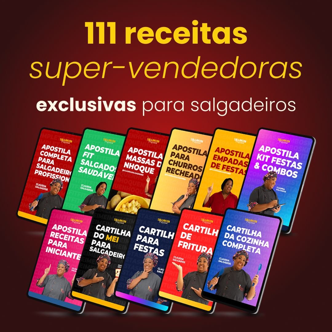 Combo de Receitas de Salgados Milionárias - Cláudia Maria Fortunato | Produção Mecânica 1 https://ondeaprender.com.br/combo-de-receitas-de-salgados-milionarias/ receitas de salgados milionárias cláudia maqtiva