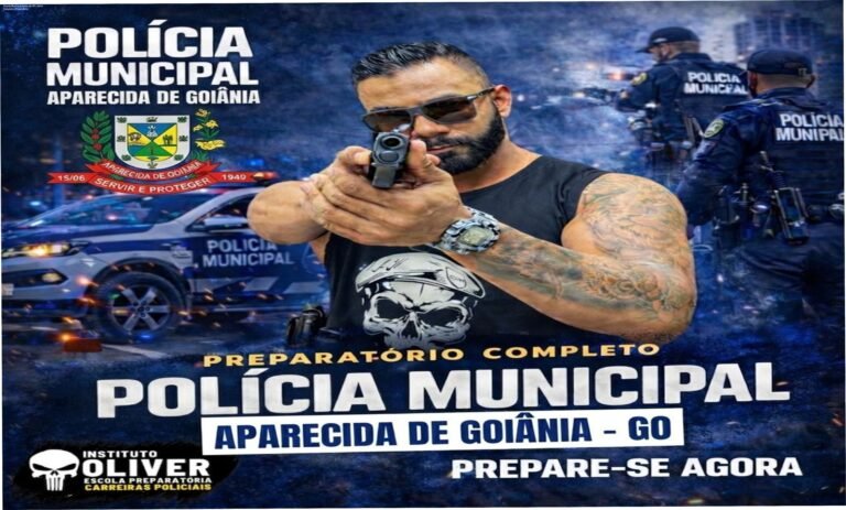 Imagem promocional do curso preparatório online para Guarda Municipal de Aparecida de Goiás, com destaque para teoria, TAF e suporte psicológico