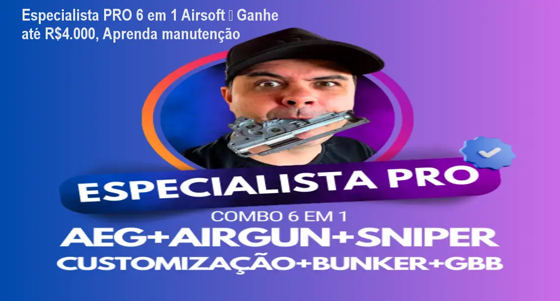 Tela do curso Especialista PRO 6 em 1 Airsoft mostrando ferramentas, peças de airsoft e gráfico de renda potencial