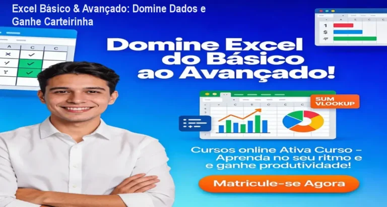 Excel Básico & Avançado: Domine Dados e Ganhe Carteirinha 2 https://ondeaprender.com.br/auxiliar-saude-bucal-curso-online/ Tela do curso Excel Básico & Avançado mostrando planilhas e a carteirinha de estudante como benefício