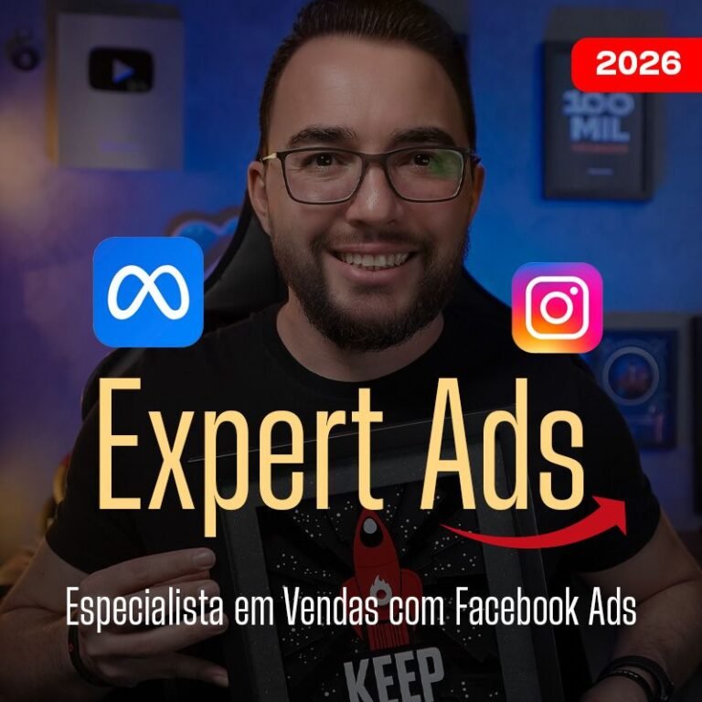 Filipe Detrey presenting Expert Ads 2026 with Meta Ads dashboard and local business icons