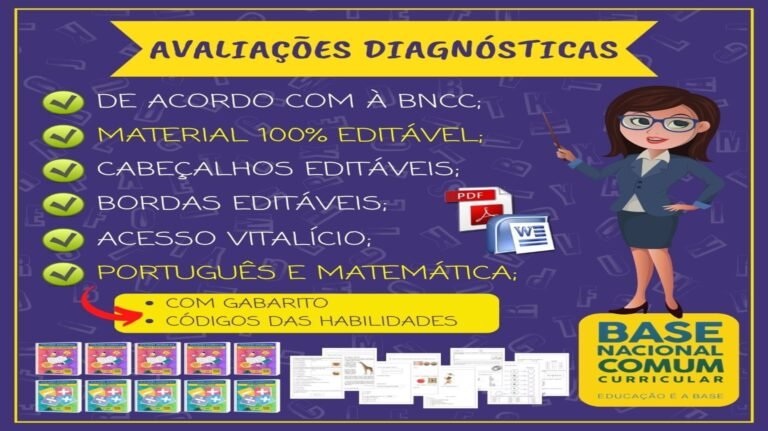 Kit de avaliações diagnósticas pronto para impressão, editável e alinhado à BNCC, usado por professores de 1º a 5º ano