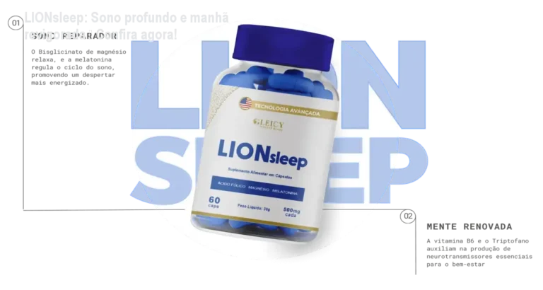 Frasco de LIONsleep sobre a cabeceira, mostrando cápsulas que promovem sono reparador e manhã energizada