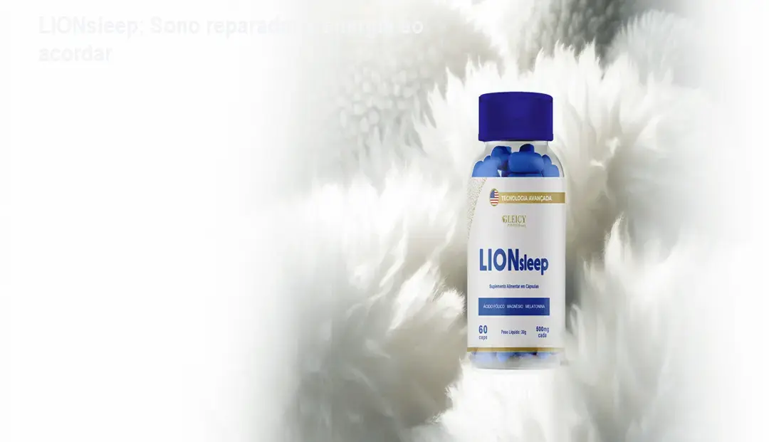 Frasco de LIONsleep ao lado de travesseiro, mostrando o suplemento que promove sono profundo e energia matinal