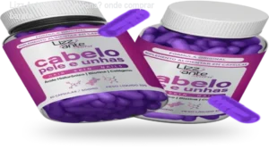 Frasco de Lizz Ante Nutri ao lado de cabelos mais volumosos após uso