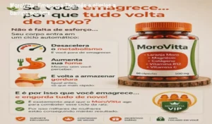 Frasco de MoroVitta com cápsulas ao lado de antes e depois mostrando barriga mais lisa