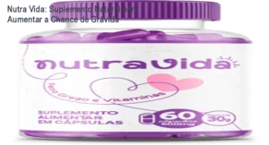 Frasco de Nutra Vida ao lado de cápsulas, mostrando suplemento natural para fertilidade feminina