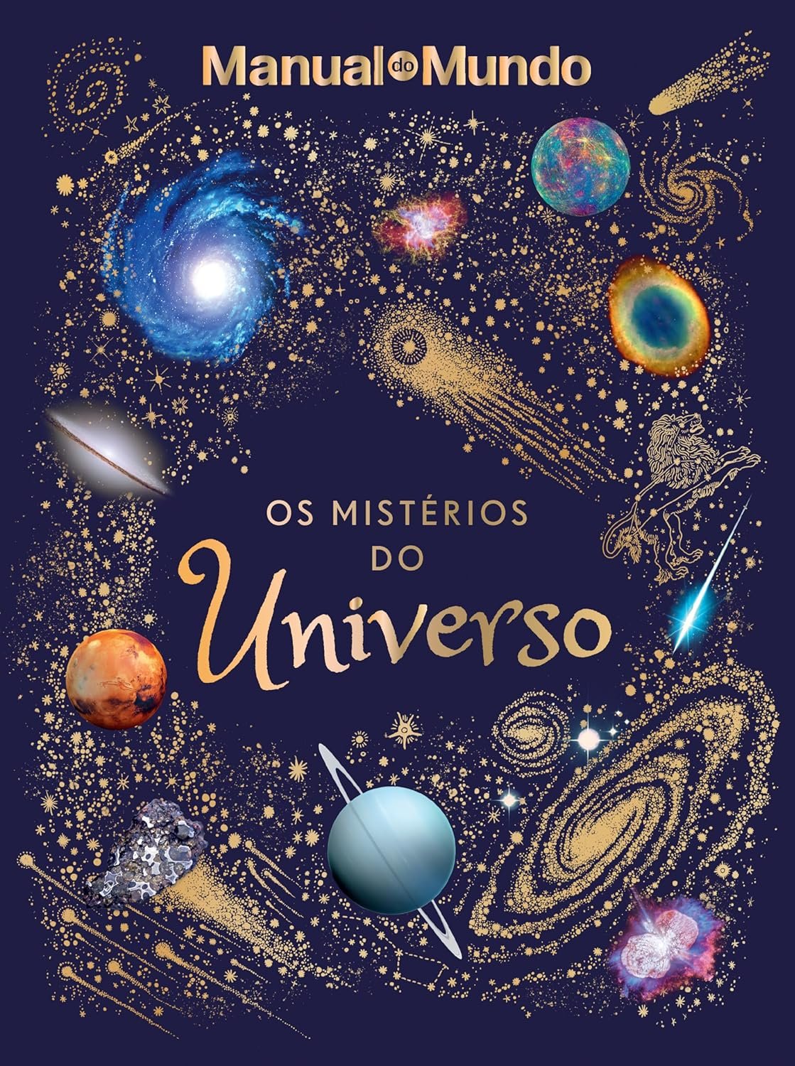 Capa dura do livro Os mistérios do Universo com ilustrações cósmicas