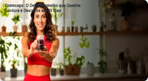 Frasco de Ozemcaps ao lado de medida da cintura mostrando redução de medida após uso