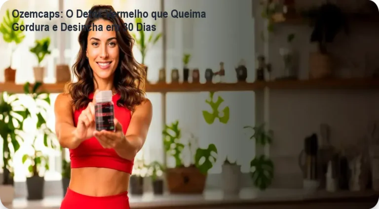 Frasco de Ozemcaps ao lado de medida da cintura mostrando redução de medida após uso