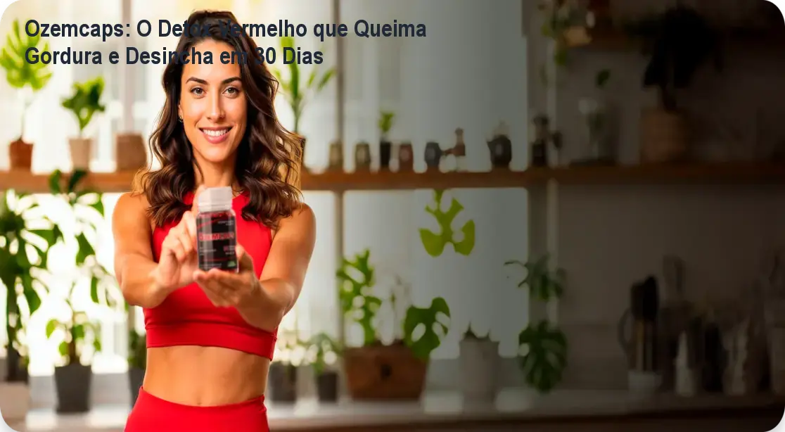 Frasco de Ozemcaps ao lado de medida da cintura mostrando redução de medida após uso