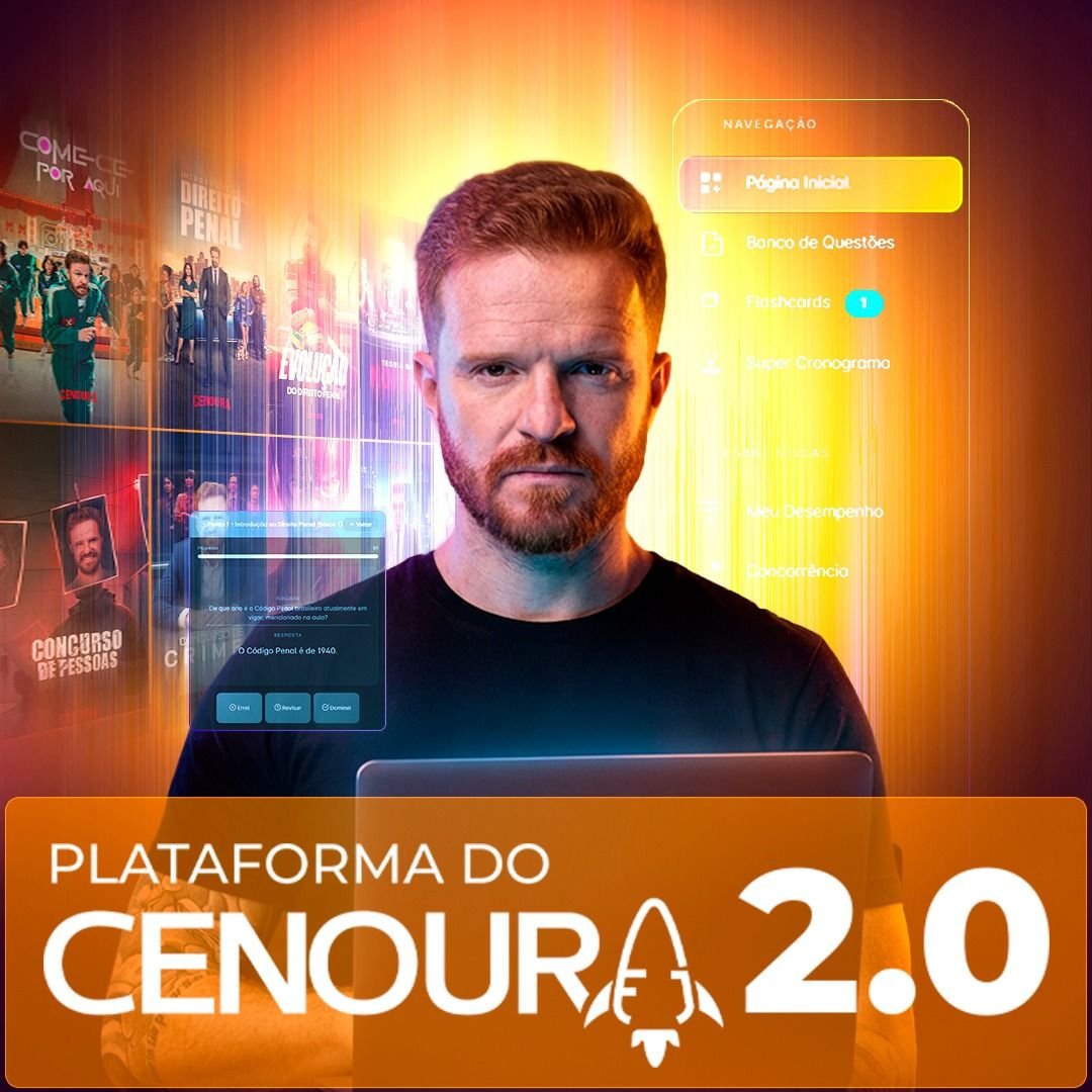 Tela da Plataforma do Cenoura 2.0 mostrando aulas, flashcards e banco de questões de Direito Penal e Processo Penal