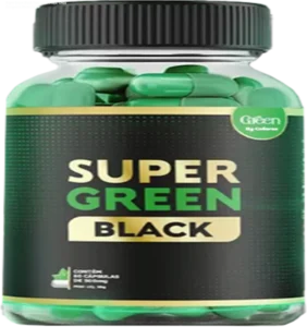 Mulher feliz e magra com pote de Super Green Black, mostrando resultados de emagrecimento rápido e aumento de energia.