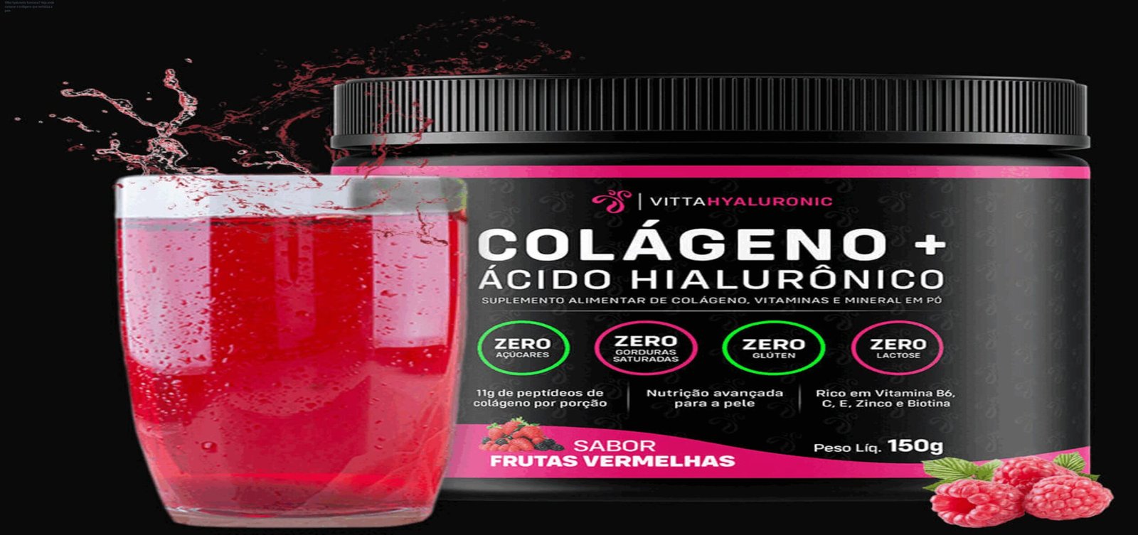 Pote de Vitta Hyaluronic aberto ao lado de um scoop, mostrando o pó branco pronto para ser misturado antes de dormir