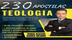 Capa digital das 230 apostilas de teologia em PDF com bônus de esboços de pregação, mostrando a oferta completa para estudantes e ministros
