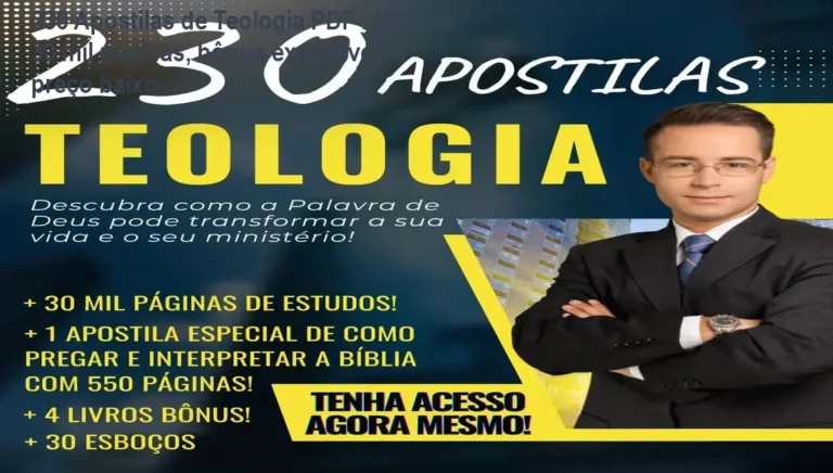 Capa digital das 230 apostilas de teologia em PDF com bônus de esboços de pregação, mostrando a oferta completa para estudantes e ministros