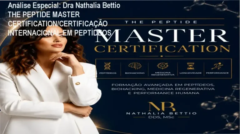 Capa informativa sobre o tema Dra Nathalia Bettio THE PEPTIDE MASTER CERTIFICATION/CERTIFICAÇÃO INTERNACIONAL EM PEPTÍDEOS
