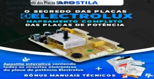 Capa da apostila Segredo das Placas Electrolux mostrando diagramas de circuito e guia de reparo para técnicos