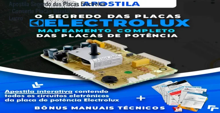Capa da apostila Segredo das Placas Electrolux mostrando diagramas de circuito e guia de reparo para técnicos