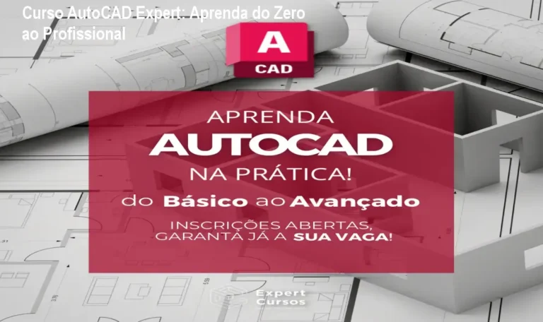 Tela do curso AutoCAD Expert mostrando módulos, blocos CAD e projetos 3D