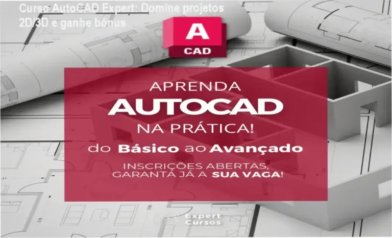 Imagem promocional do Curso AutoCAD Expert com destaque para desconto e bônus de blocos
