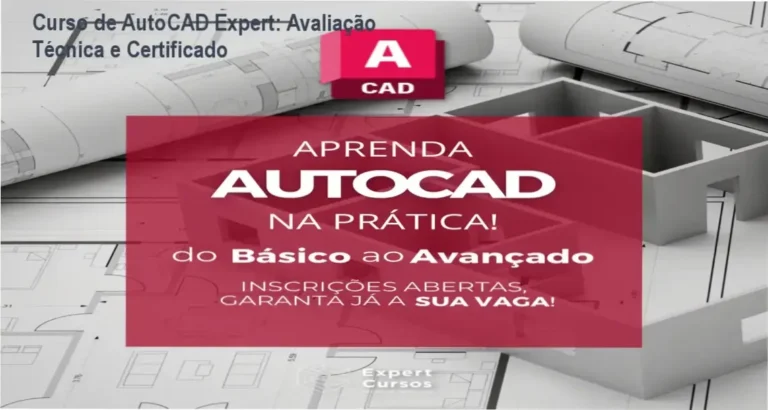 Imagem promocional do Curso de AutoCAD Expert com destaque para certificado reconhecido