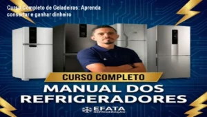 Tela do curso online mostrando videoaulas de manutenção de geladeiras e guia de compra e venda