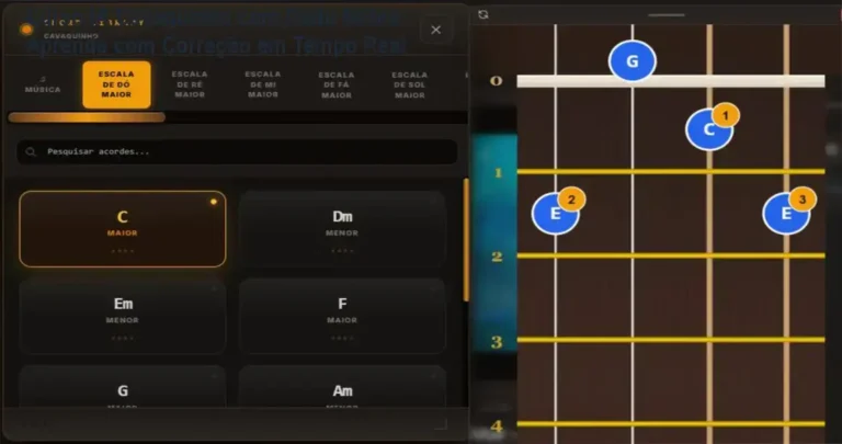 Curso IA Cavaquinho com Dudu Nobre – Aprenda com Correção em Tempo Real 7 https://ondeaprender.com.br/ Tela do curso online de cavaquinho com IA interativa por Dudu Nobre