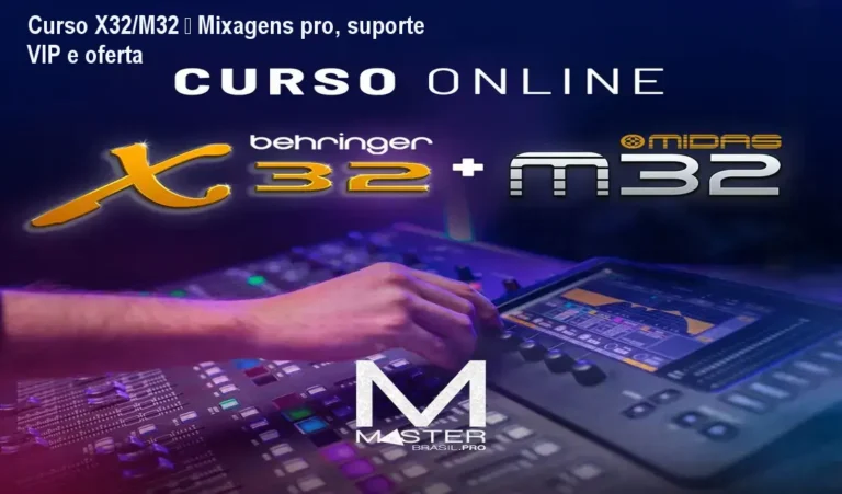 Curso X32/M32 – Mixagens pro, suporte VIP e oferta 7 https://ondeaprender.com.br/escola-de-bolos-5-0-turbo-vale-a-pena-renda-extra-120-mil-alunas-como-comprar/ Tela do curso online Behringer X32/M32 mostrando prática de mixagem profissional em eventos religiosos