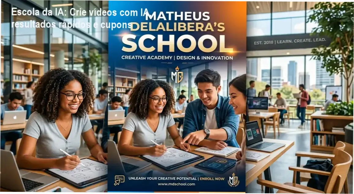 Captura da página da Escola da IA mostrando cupons de desconto e benefícios do curso de criação de vídeos com IA