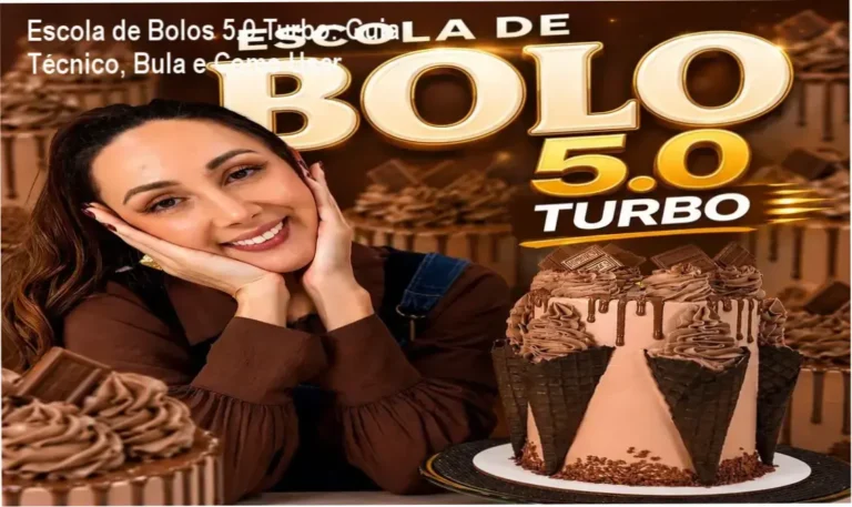 Apostila e tela do curso Escola de Bolos 5.0 Turbo mostrando módulos de confeitaria e vendas