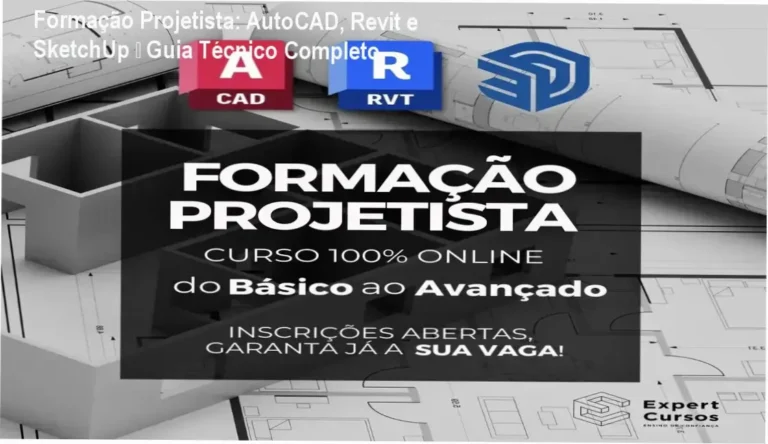 Imagem mostrando a interface dos três softwares AutoCAD, Revit e SketchUp integrados em um projeto de arquitetura