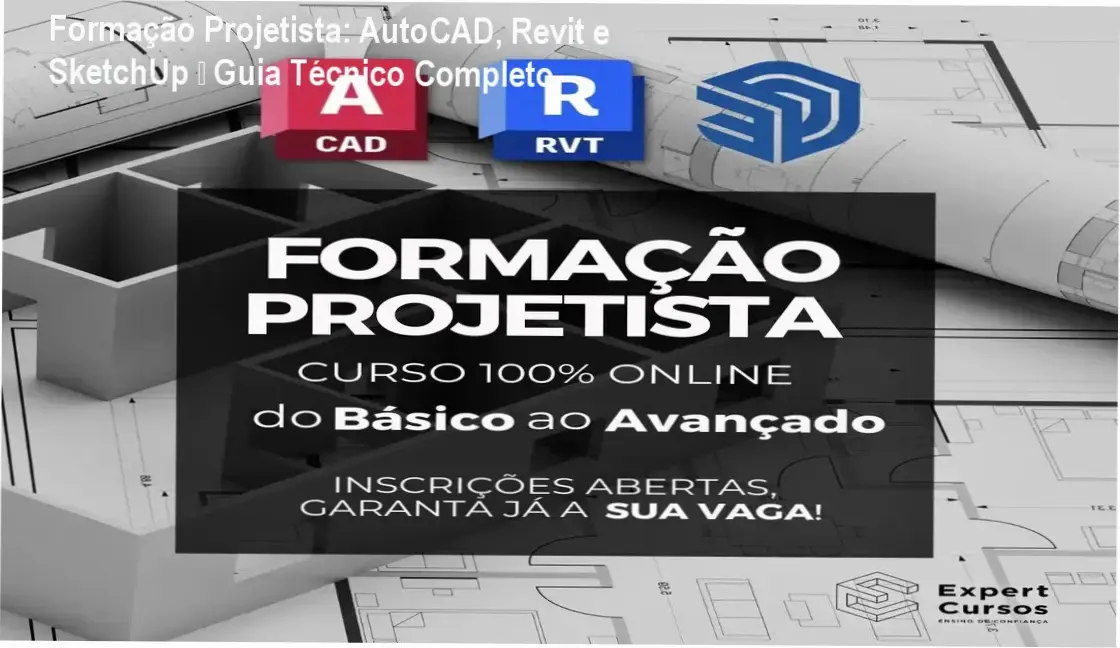 Imagem mostrando a interface dos três softwares AutoCAD, Revit e SketchUp integrados em um projeto de arquitetura