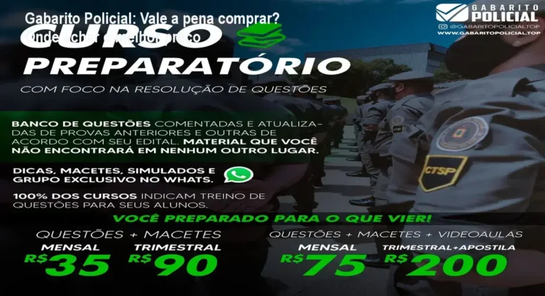 Tela da plataforma Gabarito Policial mostrando questões comentadas para concursos de segurança pública