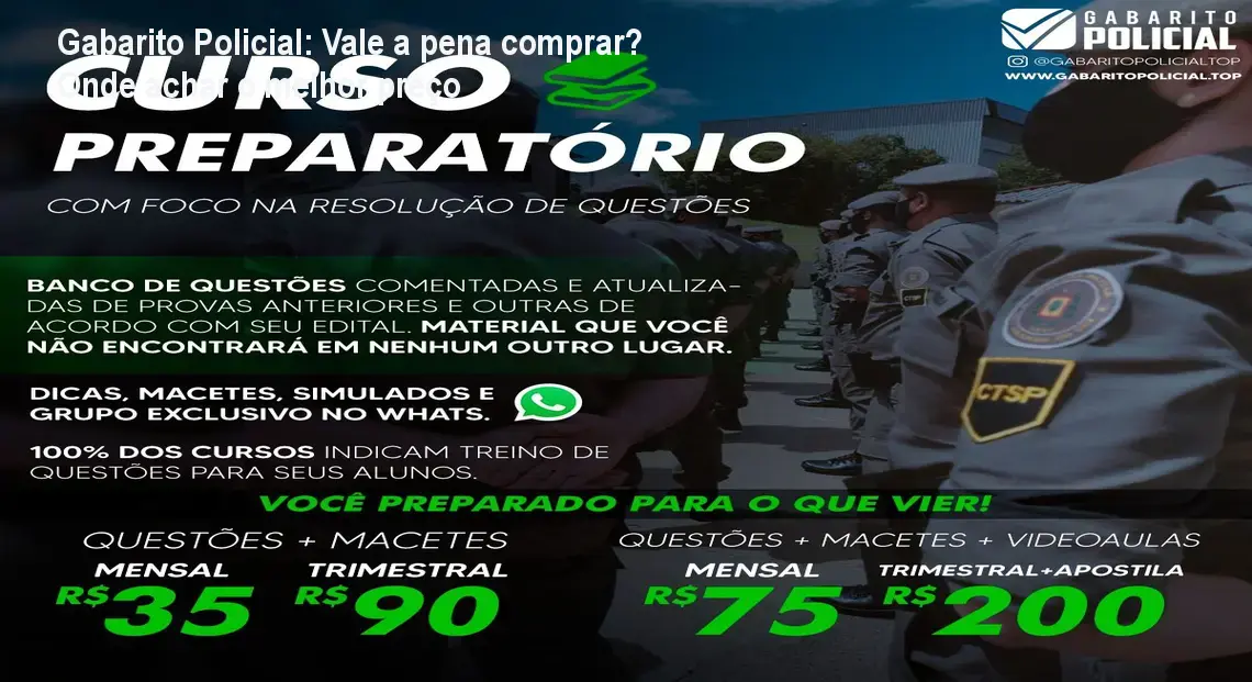 Tela da plataforma Gabarito Policial mostrando questões comentadas para concursos de segurança pública