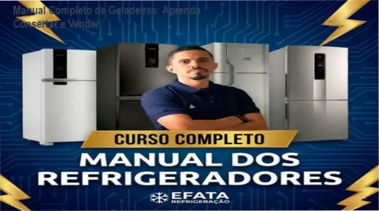 Imagem do manual completo de refrigeradores mostrando tela de curso online e guias de conserto.